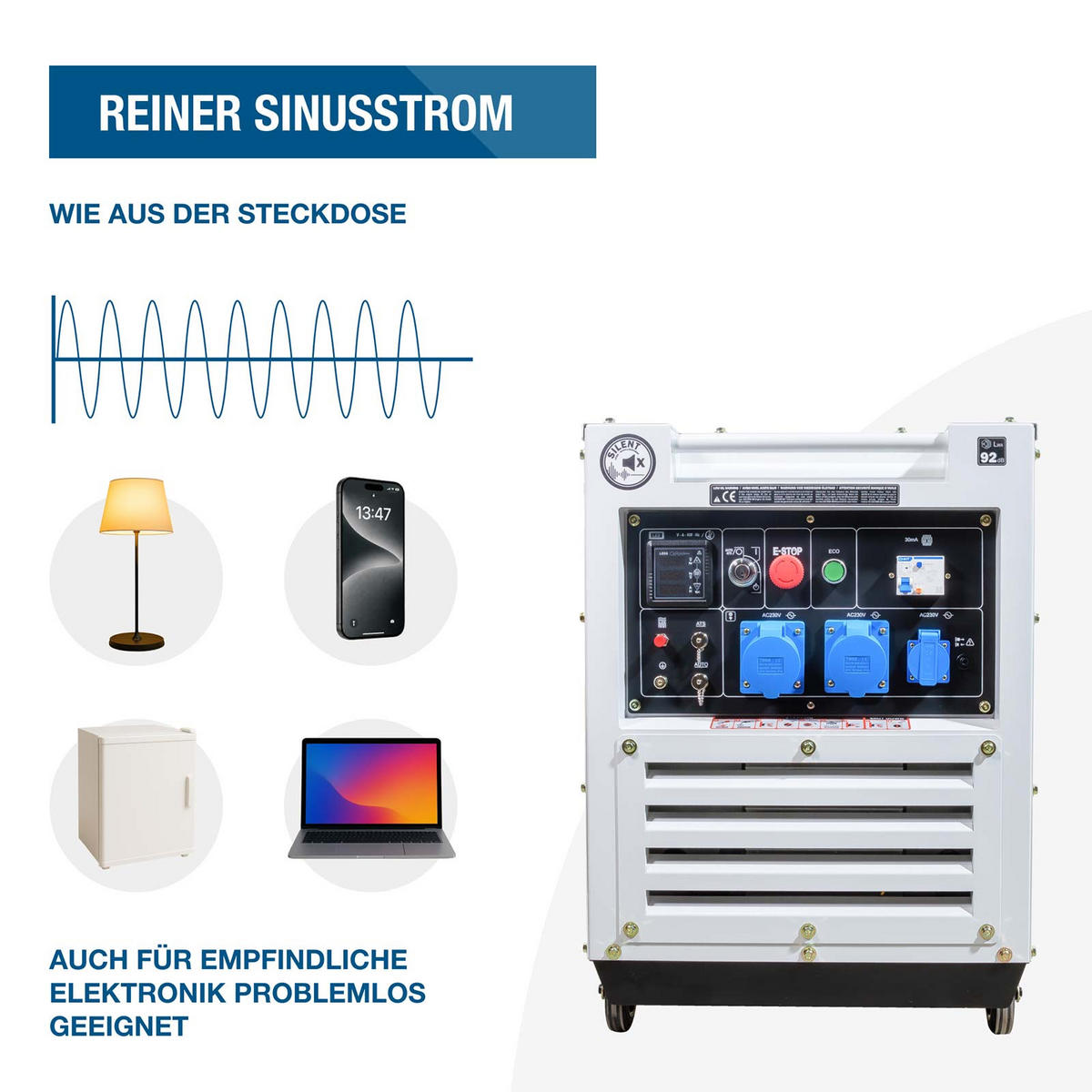 DIESEL Inverter Generator DHY9000SEi – 6,5 kW E-START, ATS-Anschluss, SINUS-Strom - Weiß, Metall (80/52.5/74cm) - HYUNDAI