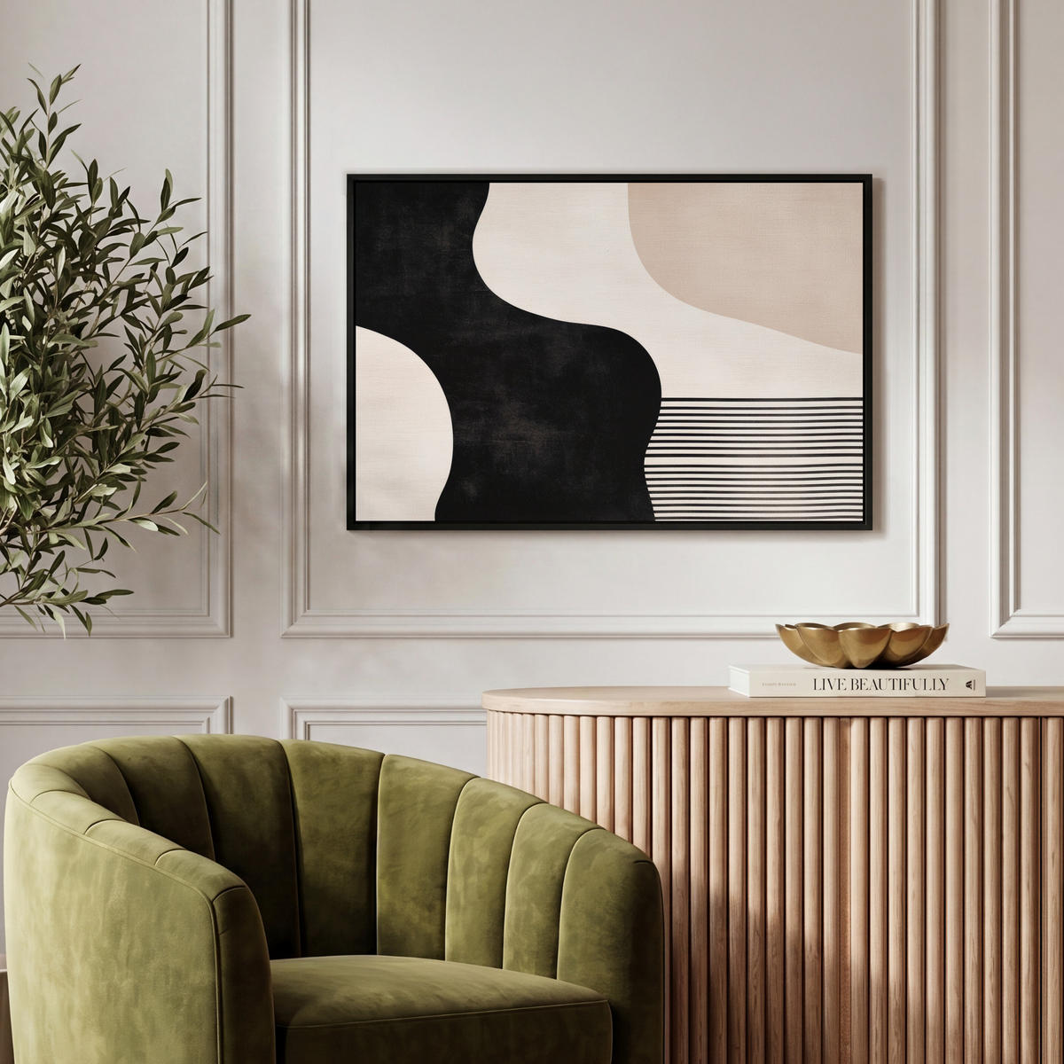 LEINWAND Bilder mit Rahmen - Abstrakt - Japandi - Beige - Modern - 60x40 - Schwarz, Textil (60/40cm) - MuchoWow