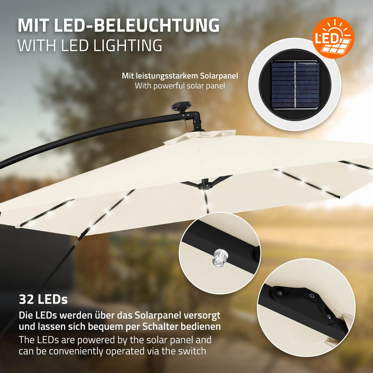 AMPELSCHIRM Ø 330 cm in Beige aus Aluminium mit LED-Solar - Beige, Metall (330/330cm) - ML-DESIGN