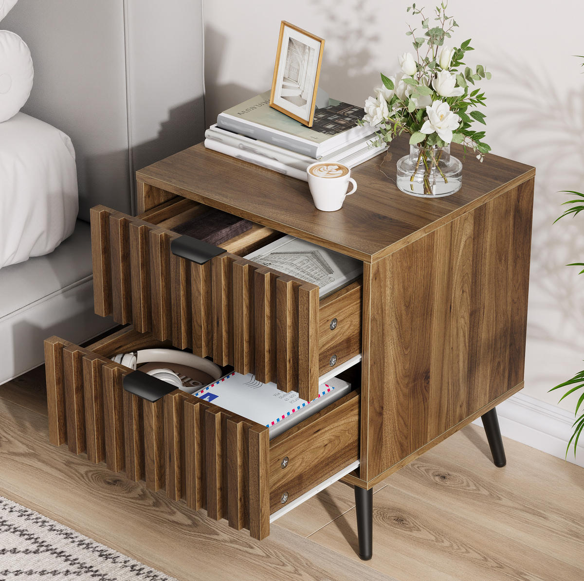 NACHTTISCH aus MDF mit 2 Schubladen, Metallgestell, 45/40/53 cm, Walnuss - Walnussfarben, Holzwerkstoff (40/53/45cm) - Redom