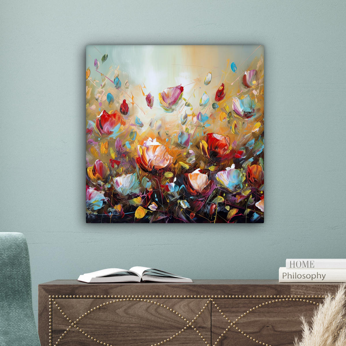 LEINWANDBILD Blumen - Kunst - Natur - Ölgemälde Wandbild Wohnzimmer 50x50 cm - Multicolor, Textil (50/50cm) - MuchoWow