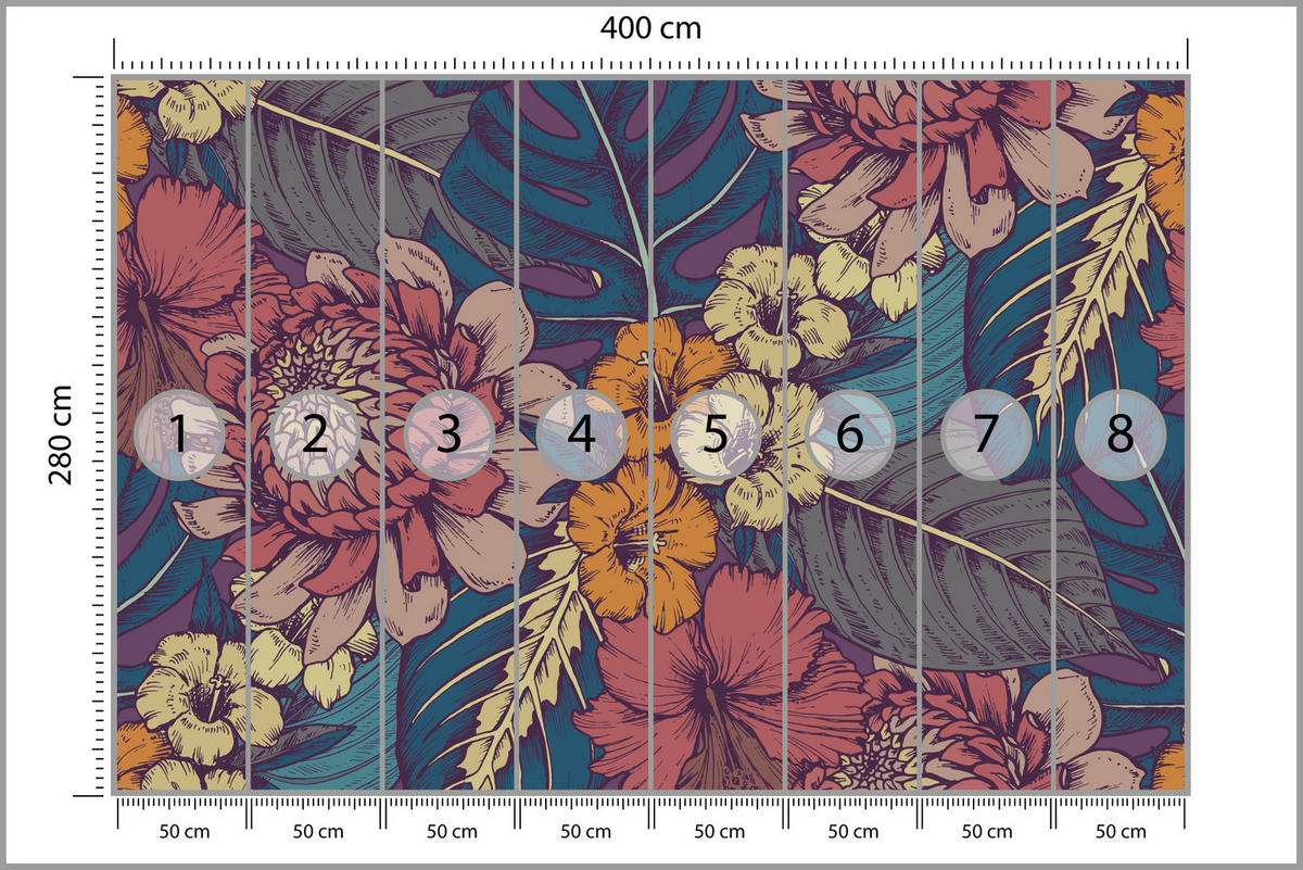 FOTOTAPETE für Schlafzimmer Retro Bunte Blätter Blumen Pflanzen 400x280 - Türkis/Blau, Papier (400/280cm) - Muralo