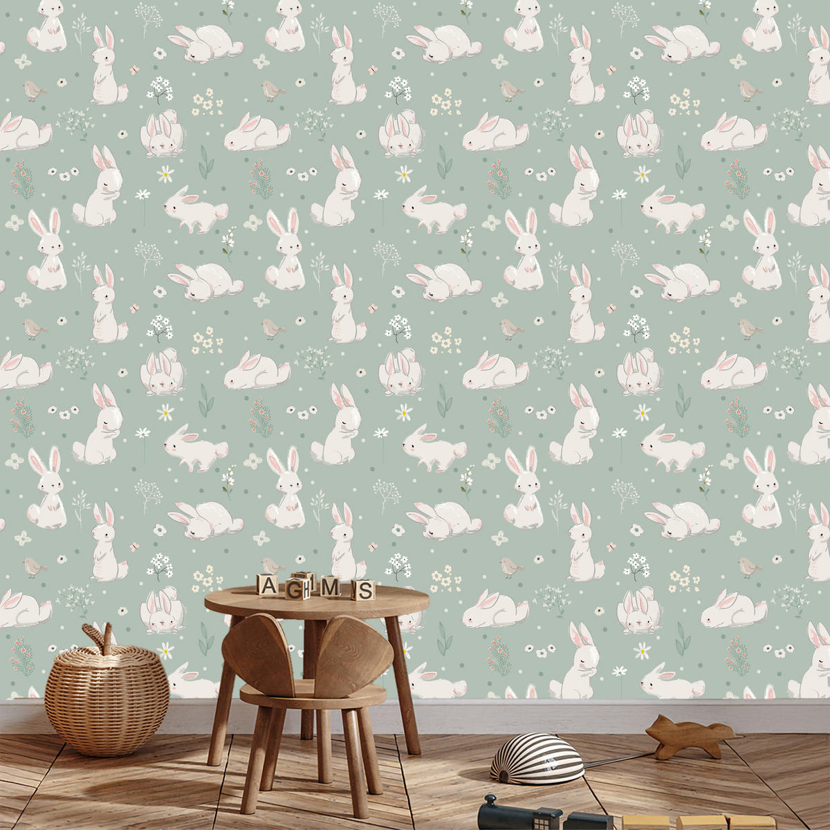 VLIESTAPETE Häschen, Vögel und Blüten – Mint, Rosa, Weiß – 50x1000 cm - Rosa/Weiß, Papier (50/1000cm) - Muralo