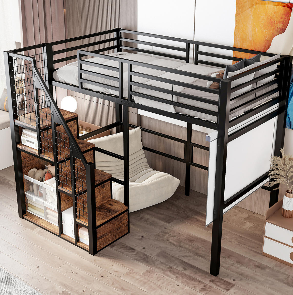 HOCHBETT aus Metall und MDF 90x200 cm Schwarz mit Stauraum und Treppe - Schwarz, Metall (90/200cm) - IVMEU