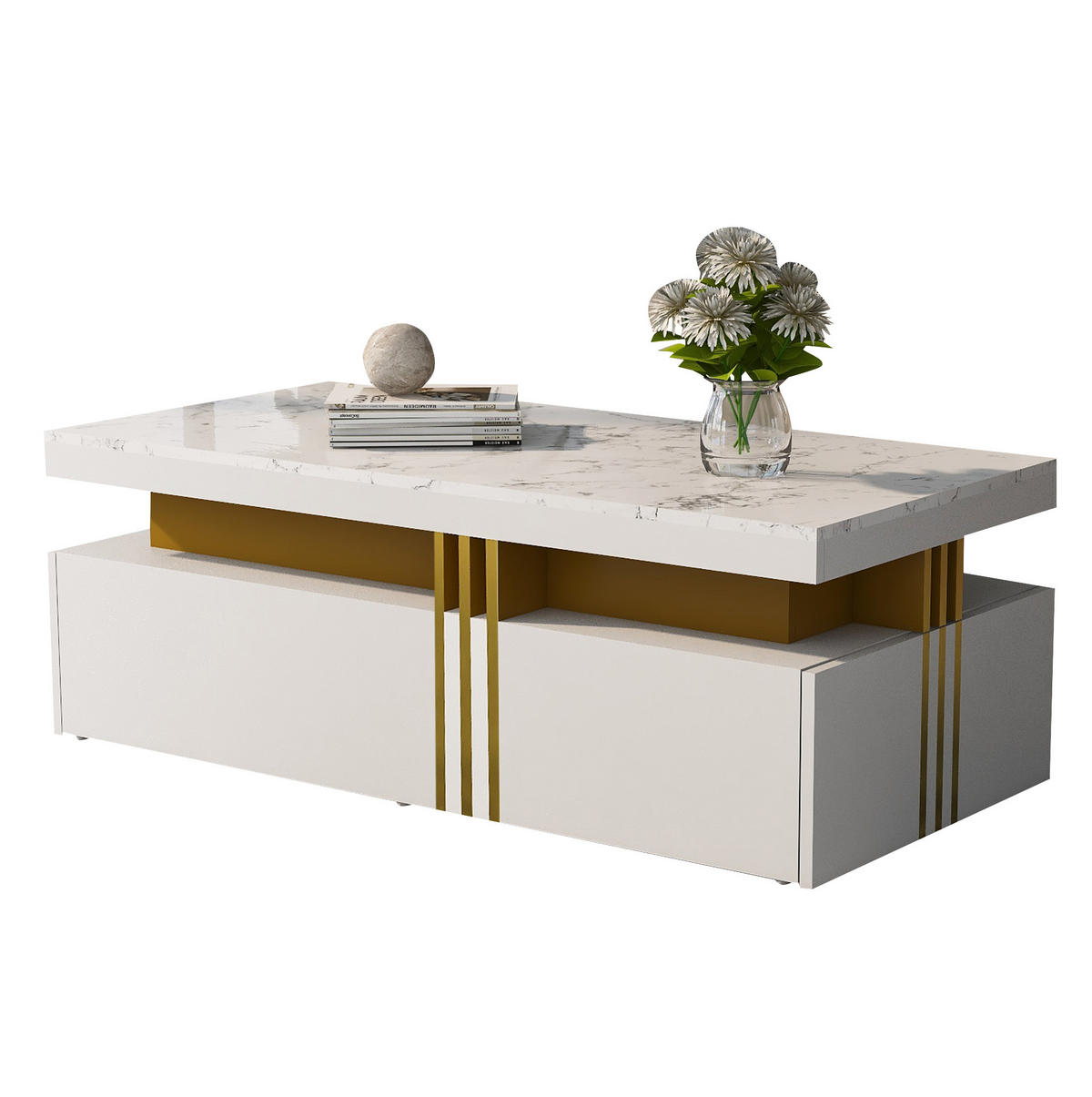 TV-ELEMENT aus Spanplatte, TV-Schrank 200x40x42 cm und Couchtisch 100x50x40 cm, Weiß, mit Schubladen und Marmor-Optik - Weiß, Holzwerkstoff (200/42/40cm) - Modfu