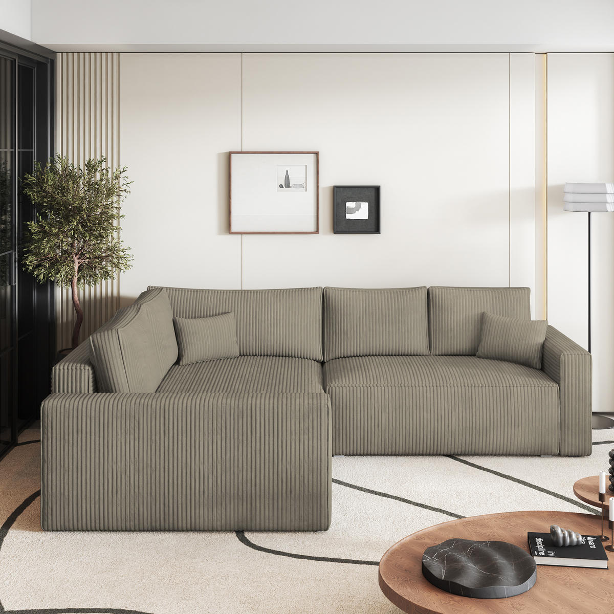 ECKSOFA ERONIS L-S Beige Kordstoff mit Schlaffunktion - Beige, Holz (265/194cm) - MASSENO