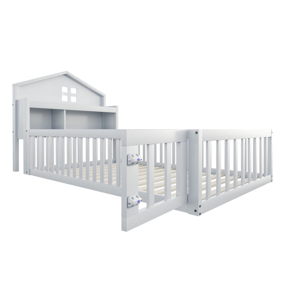 KINDERBETT 90/200 cm mit Hausrahmen, Kreidetafel, Stauraum, Schutzgitter und Tür, Weiß - Weiß, Holzwerkstoff (90/200cm) - Redom