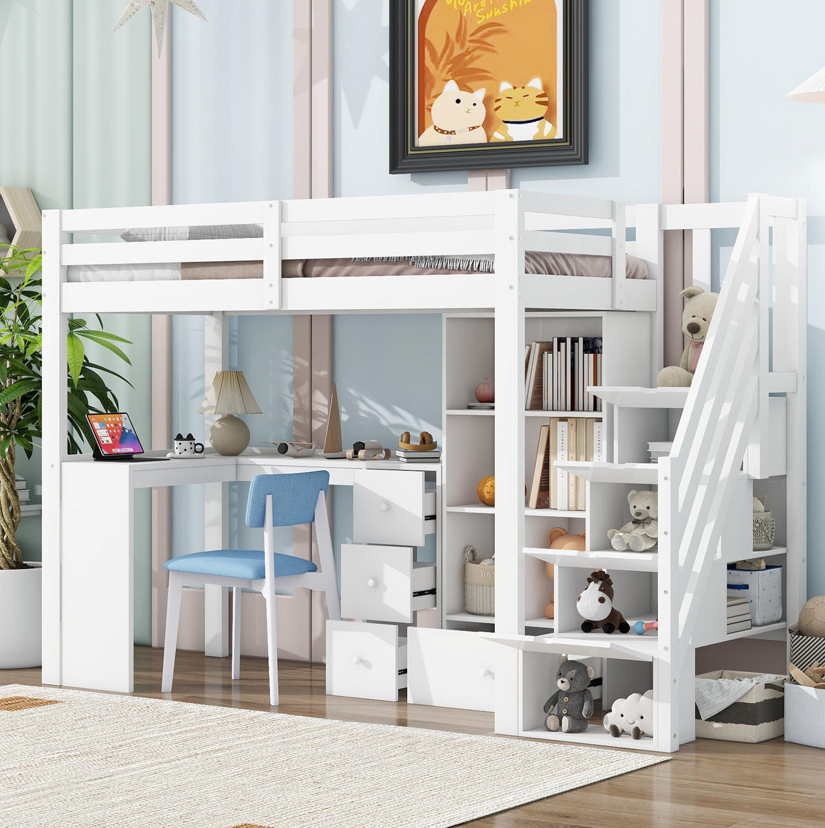 HOCHBETT 90/200 cm Weiß aus Kiefernholz und MDF mit Schreibtisch - Weiß, Holz (90/200cm) - OKMYHOME