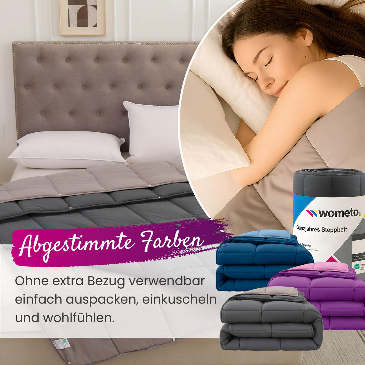 4-JAHRESZEITEN Steppbett Bi-Color im Wende-Design grau 135x200 - Grau, Textil (135/200cm) - wometo