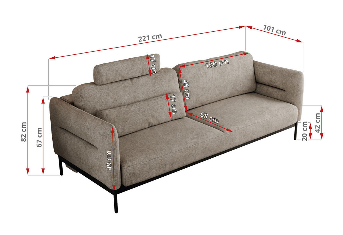 SOFA SALENTO Beige Struktur - Beige/Schwarz, Textil/Metall (221/82/101cm) - MKS