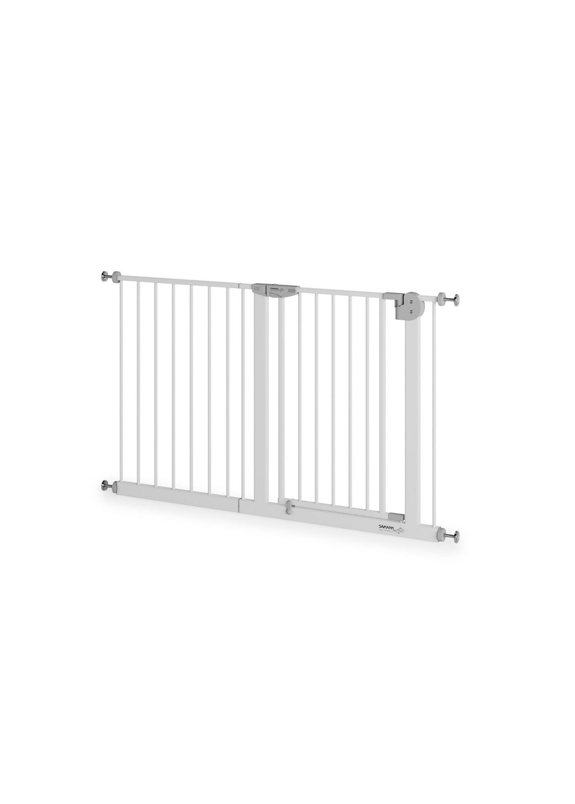 TÜRSCHUTZGITTER & Treppenschutz mit 4x Elefantenfuß, Tür mit 90° Stop, ohne Bohren 125-135 cm - Weiß, Metall (135/5cm) - Sämann – make a difference.