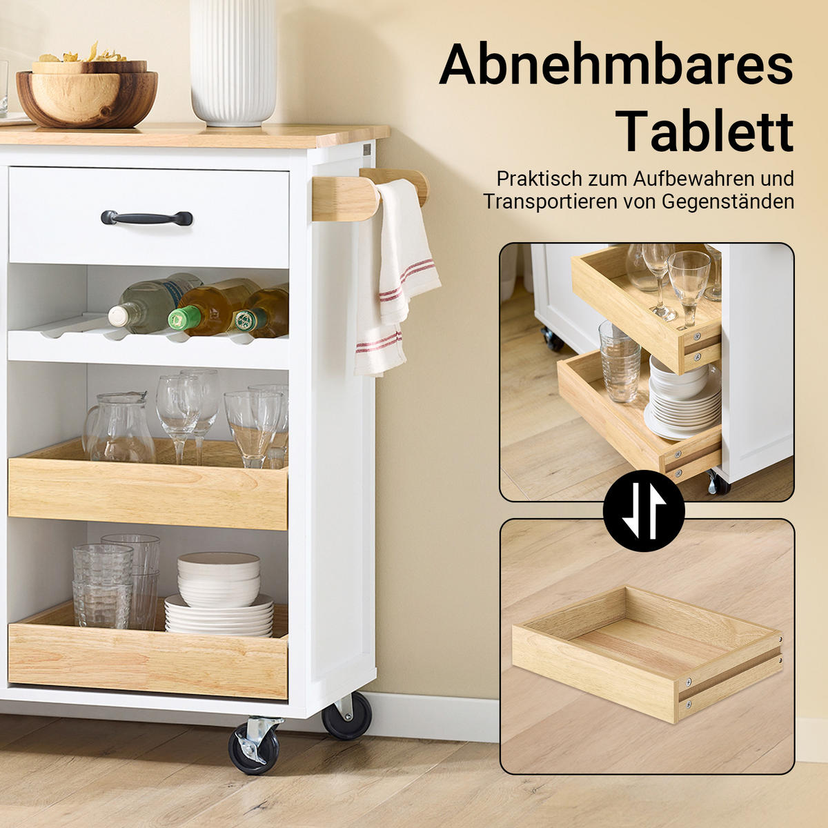 KÜCHENWAGEN mit Gummibaum-Arbeitsplatte - Weiß, Holz/Holzwerkstoff (92/87/42cm) - SoBuy