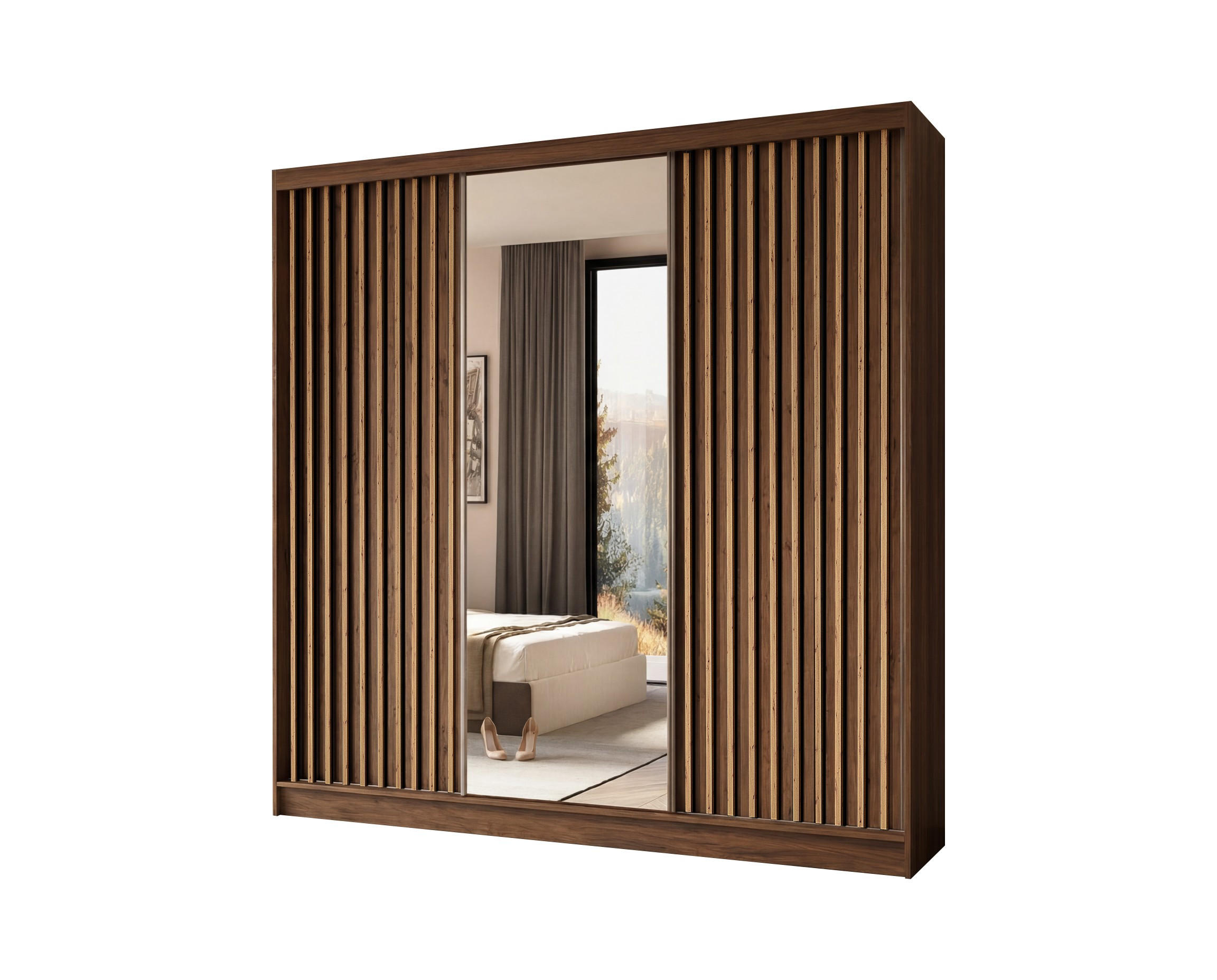 SCHWEBETÜRENSCHRANK Erika 240 cm mit Lamellen und Spiegel 3-türig, Nuss Warmia, artisan - Dunkelbraun/Braun, Kunststoff (240/216/51cm) - Margaret Hadas24