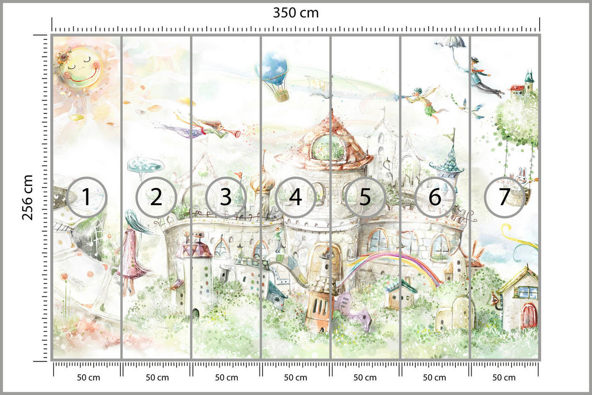 FOTOTAPETE für Kinderzimmer Märchenstadt Schloss Magisch 350x256 - Blau/Gelb, Papier (350/256cm) - Muralo