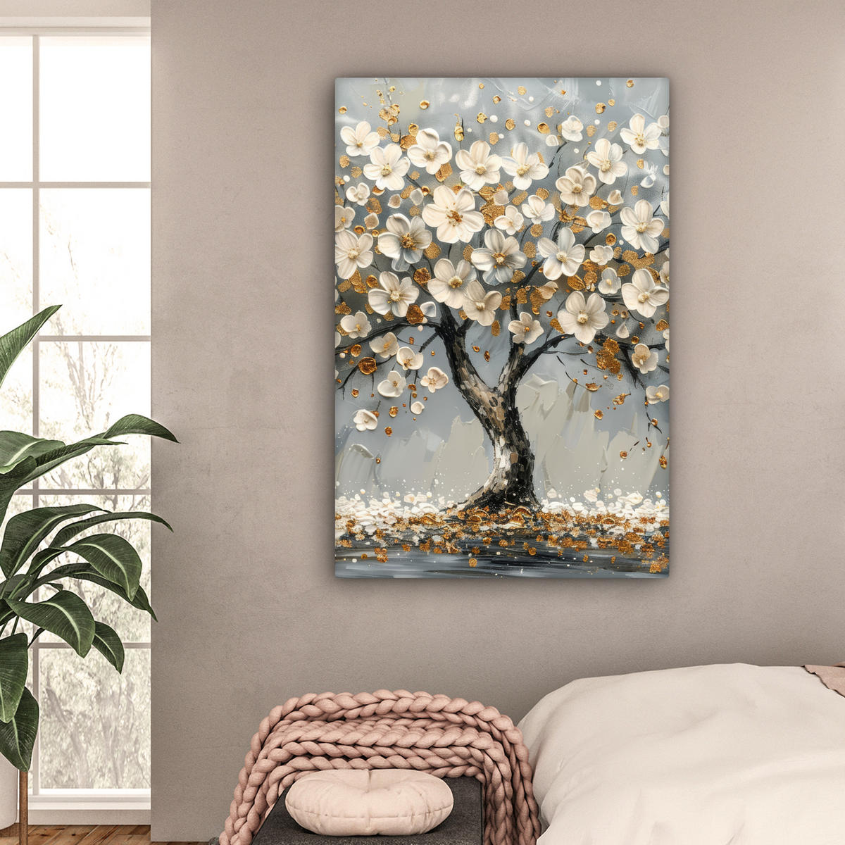 LEINWANDBILD Baum - Blumen - Weiß - Natur - Kunst Deko Groß 90x140 cm - Weiß, Textil (90/140cm) - MuchoWow