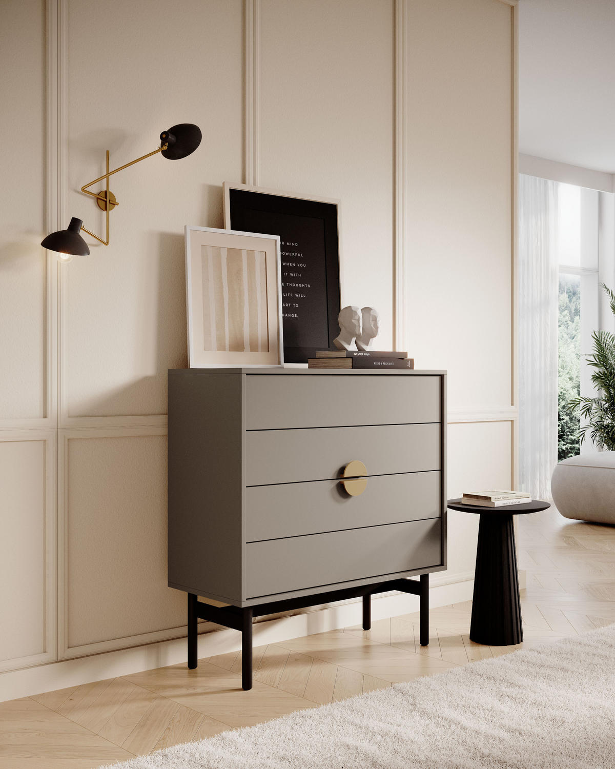 KOMMODE Stoon Steingrau 85,5 cm - Beige/Goldfarben, Holzwerkstoff/Metall (85.5/93/38cm) - Selsey