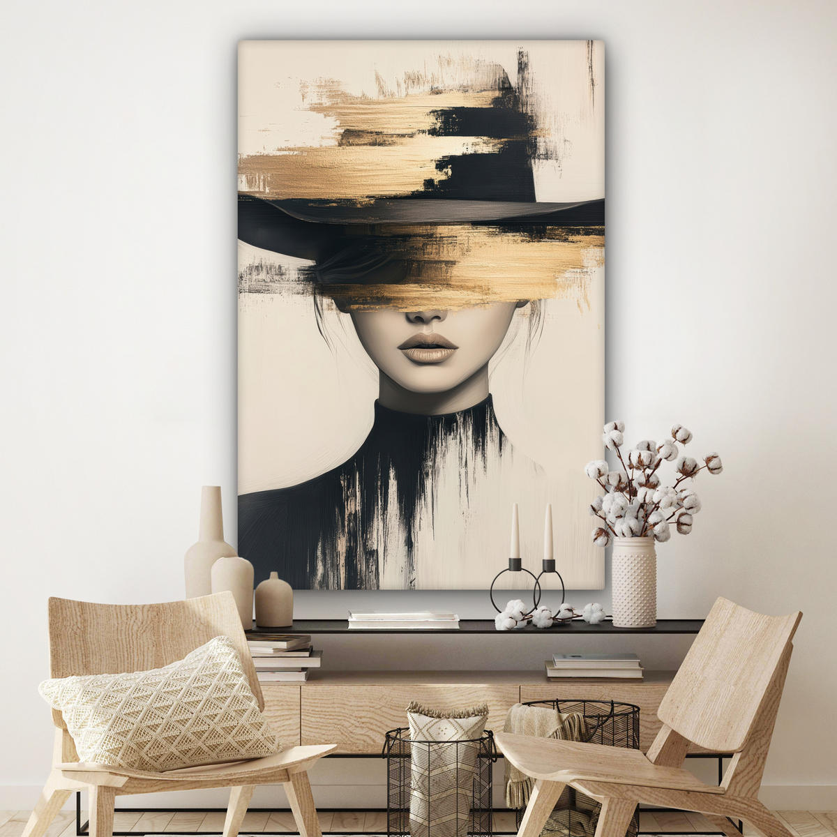 LEINWANDBILD Frau - Hut - Farbe Deko Groß 90x140 cm - Goldfarben, Textil (90/140cm) - MuchoWow