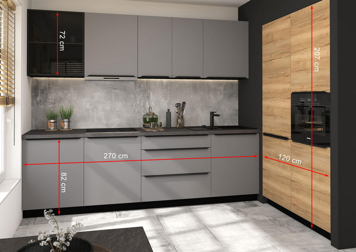 KÜCHENLEERBLOCK Bonn-Malmo 10tlg Schwarz / Dust Grey Matt / Halifax 390 / 60 / 207cm mit Blum Teilauszug - Braun/Grau, Holzwerkstoff/Metall (390/207/60cm) - Feldmann-Wohnen