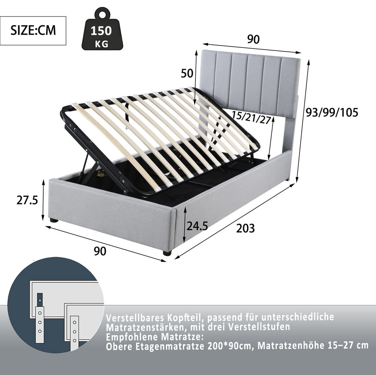 KINDERBETT Polsterbett 90/200 cm aus Leinenstoff mit hydraulischem Stauraum Grau - Grau, Textil (90/200cm) - Modenvie