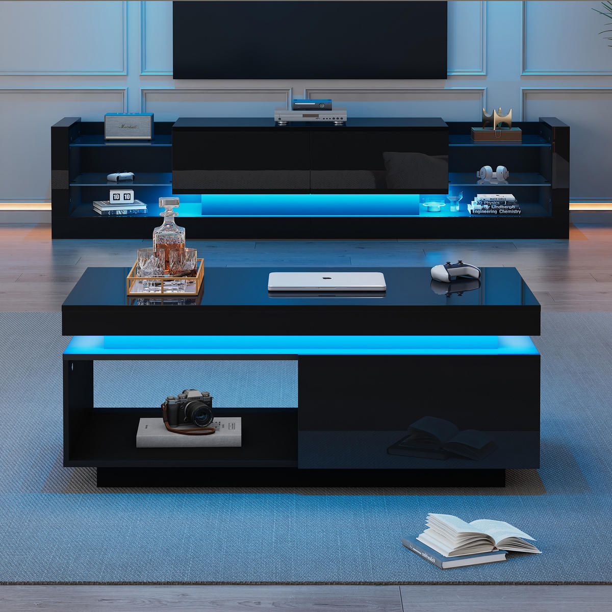 TV-SCHRANK & Couchtisch schwarz mit Hochglanzverkleidung und App-gesteuerter LED-Beleuchtung - Schwarz, Holzwerkstoff (181/38/38cm) - Luhomfu