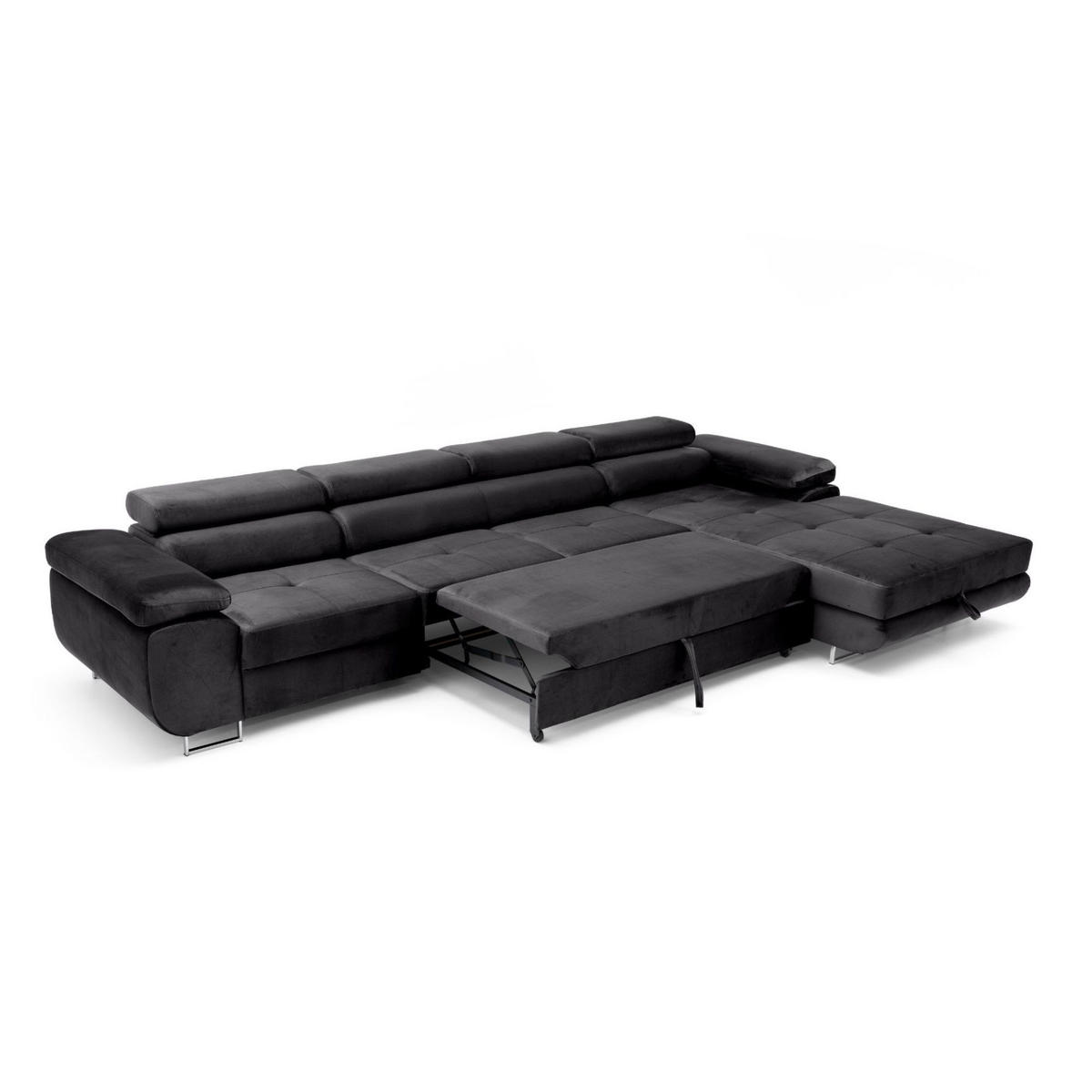 ECKSOFA ALONZO MAXI Rechts mit Schlaffunktion 125x195 Velours Schwarz - Silberfarben/Schwarz, Holz/Textil (203/350cm) - Muffo