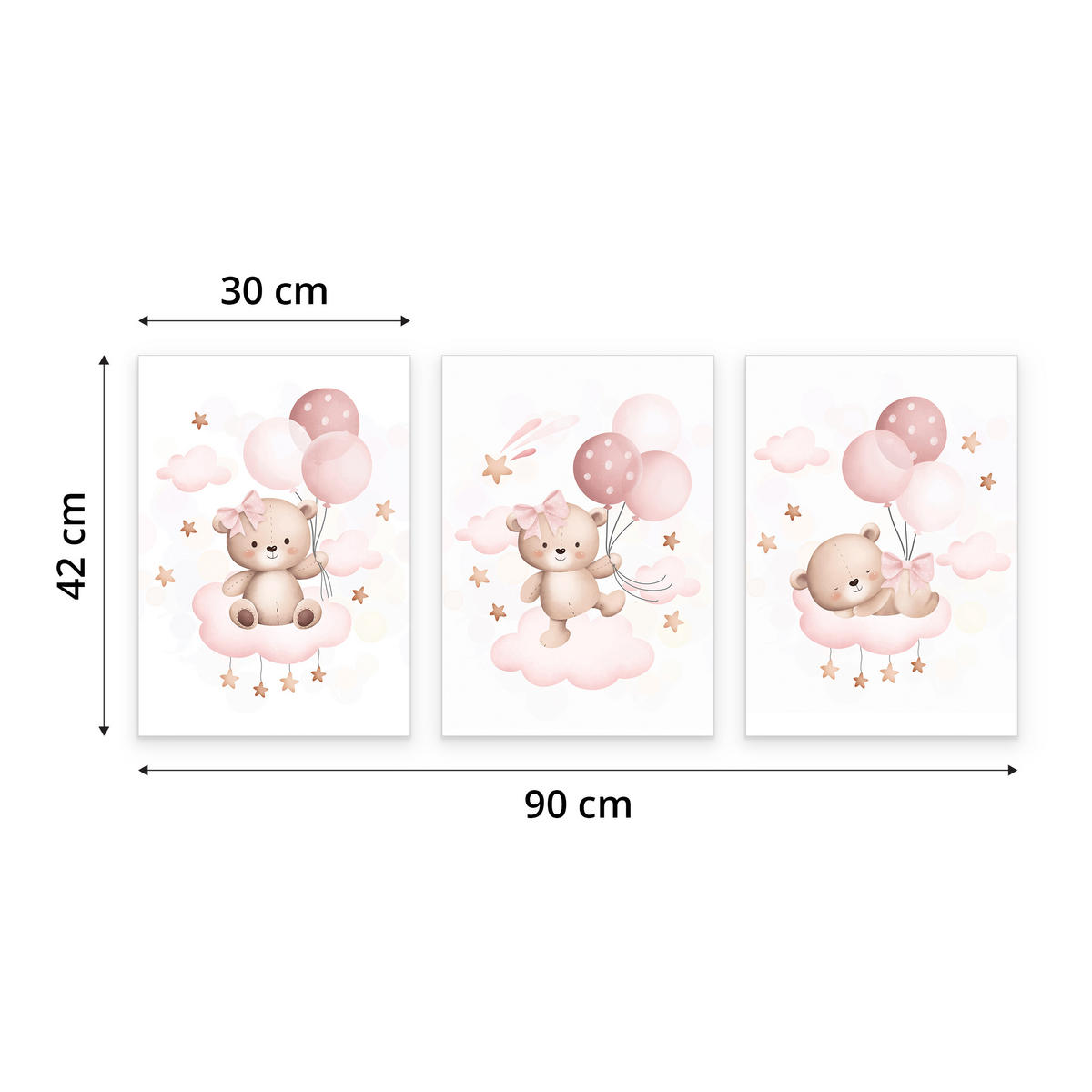 SADA PLAGÁTOV Do Detskej Izby Mackovia Balóny Oblaky A3 30 x 42 cm - biela/ružová, papier (30/42/1cm) - Muralo