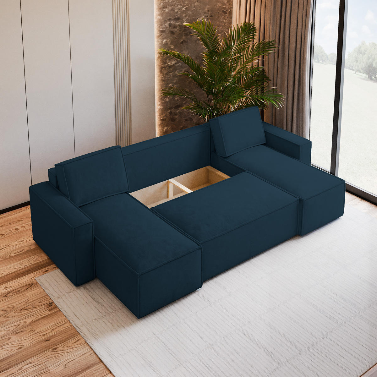 WOHNLANDSCHAFT PESANO M Blau Velours-Stoff mit Schlaffunktion - Blau, Holz (306/85/140cm) - MASSENO