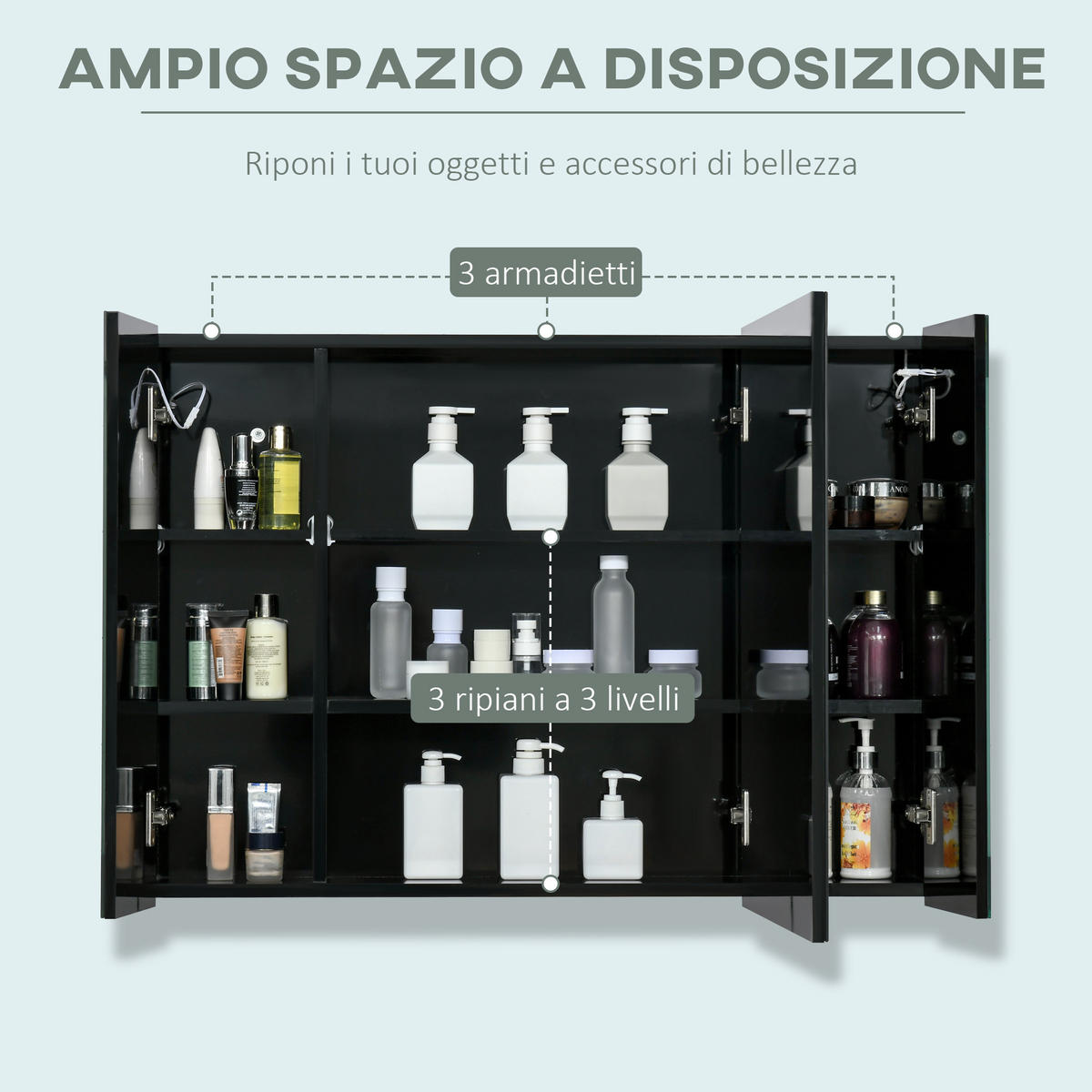 SPIEGELSCHRANK mit 3 Schränken, 3 Ablagen und LED-Beleuchtung, 90 x 15 x 65 cm ,Schwarz - Schwarz, Glas (90/65/15cm) - Vallsero