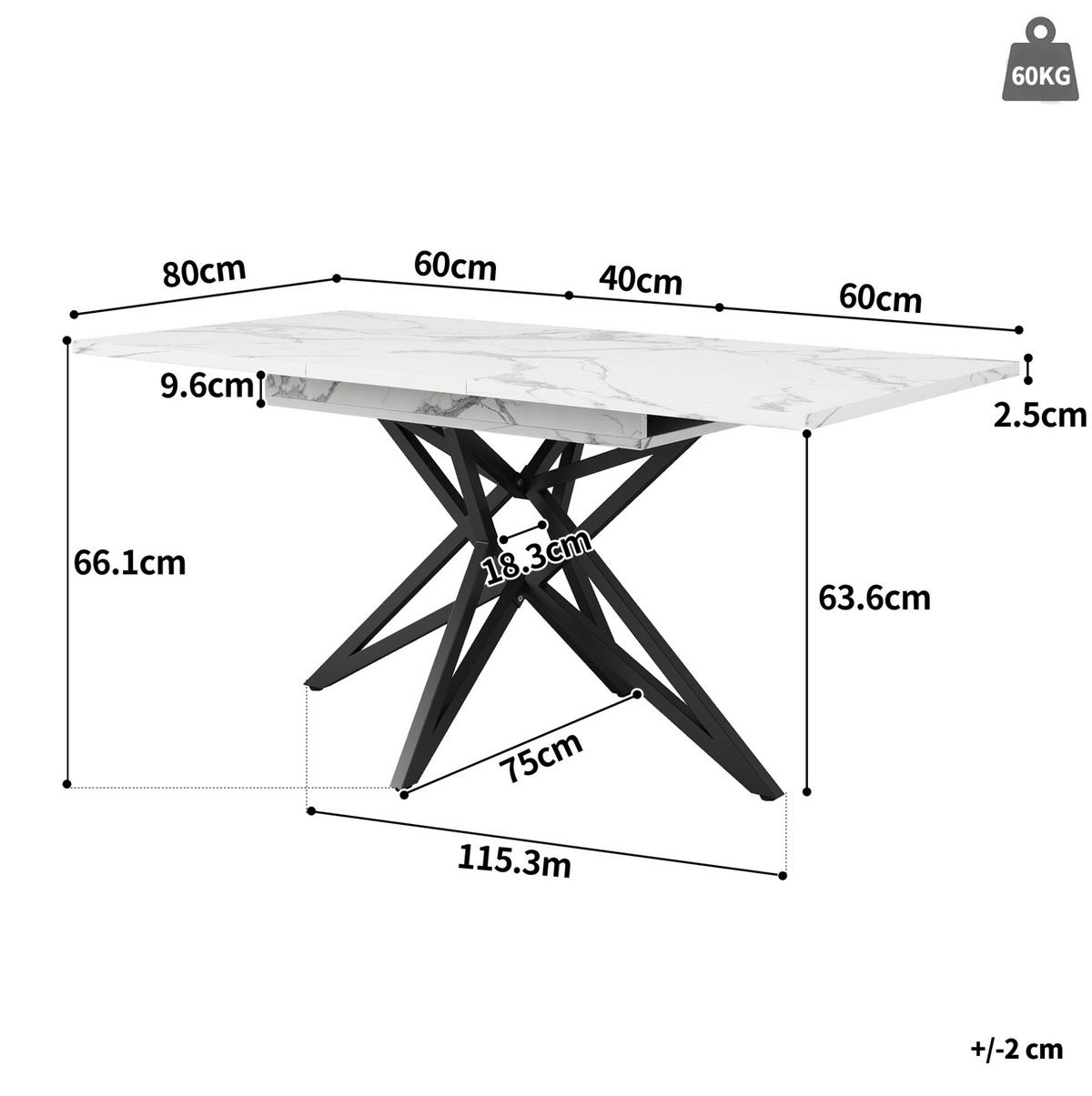 ESSTISCH, MDF mit Marmoroptik & Metallgestell, ausziehbar 120-160/80/66,1 cm, Weiß - Weiß, Holzwerkstoff (120/80/66.1cm) - Redom