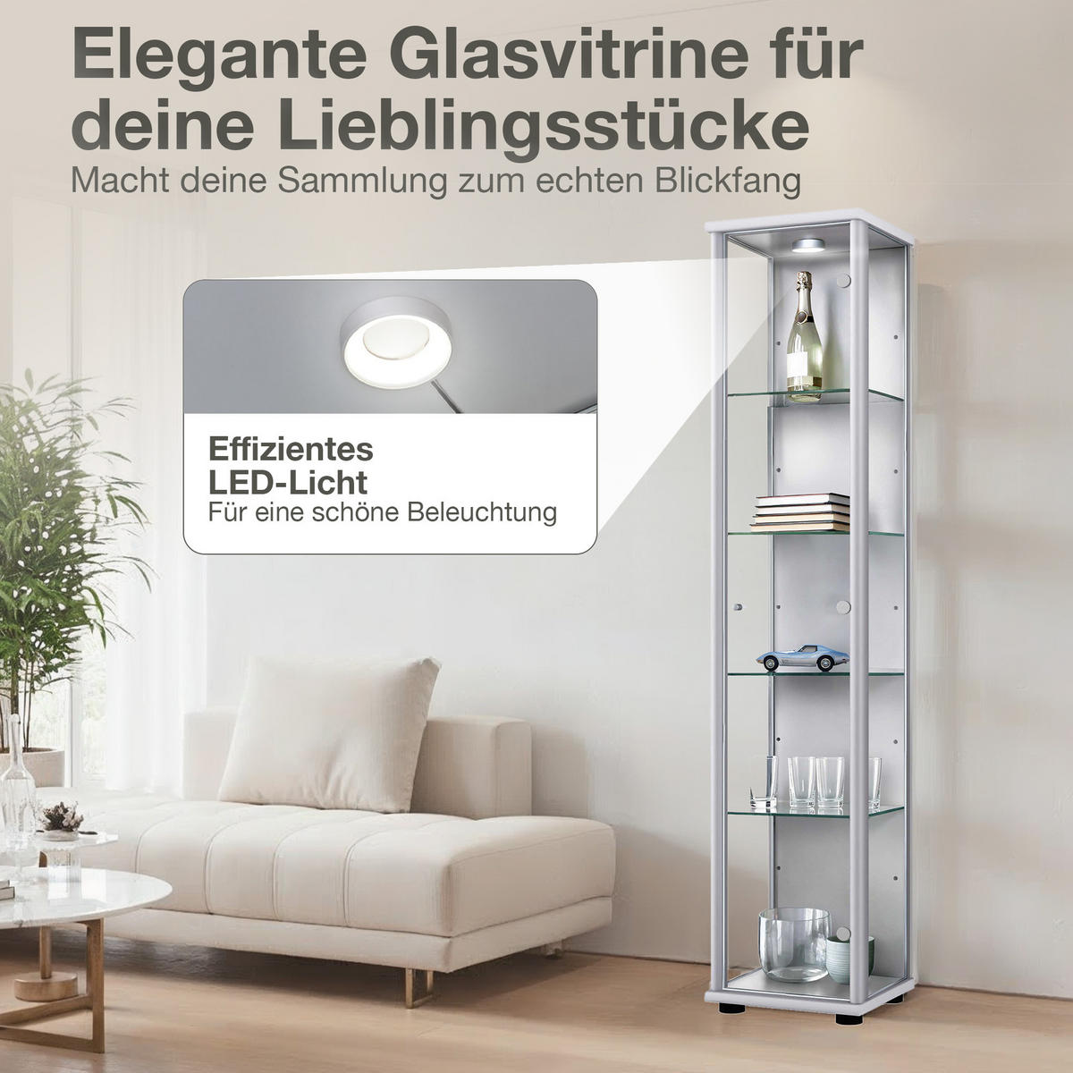 GLASVITRINE 33/37/176 cm mit LED & 4 höhenverstellbaren Glasböden - Transparent/Silberfarben, Glas/Holzwerkstoff (37/176/33cm) - K-Möbel