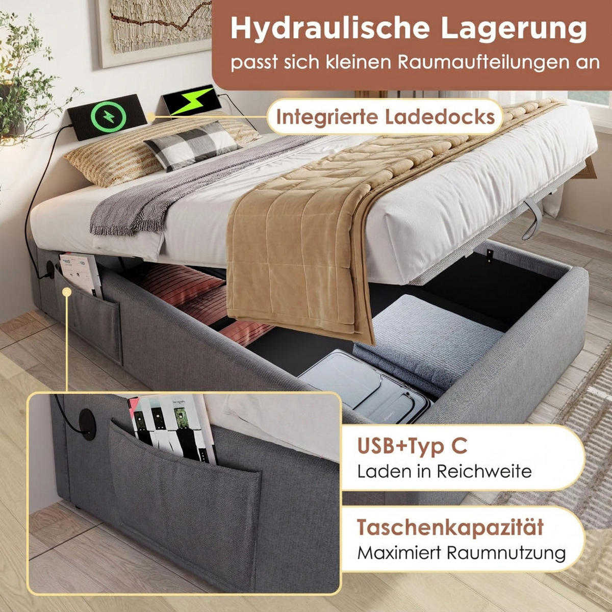 POLSTERBETT 90/200 cm Grau mit USB- C, Ohne Kopfteil - Grau, Textil (90/200cm) - Oxeza