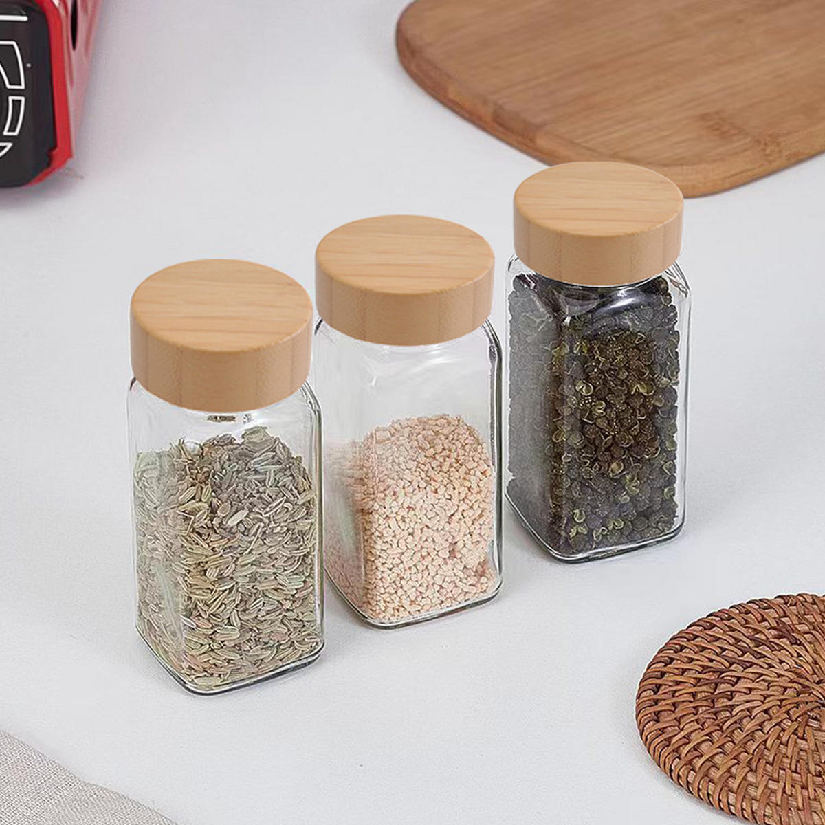 GEWÜRZGLAS-SET 12 Stück mit Bambusdeckel und 120ml Fassungsvermögen Glas/Bambus 4.5/4.5/10.5cm - Weiß, Glas/Holz (4.5/10.5/4.5cm) - Livingandhome