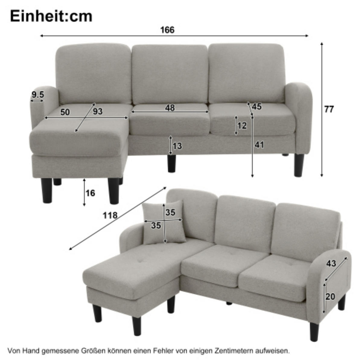 ECKSOFA 166/118/77 cm Grau mit Chaiselongue - Grau, Textil (166/118cm) - Oxeza