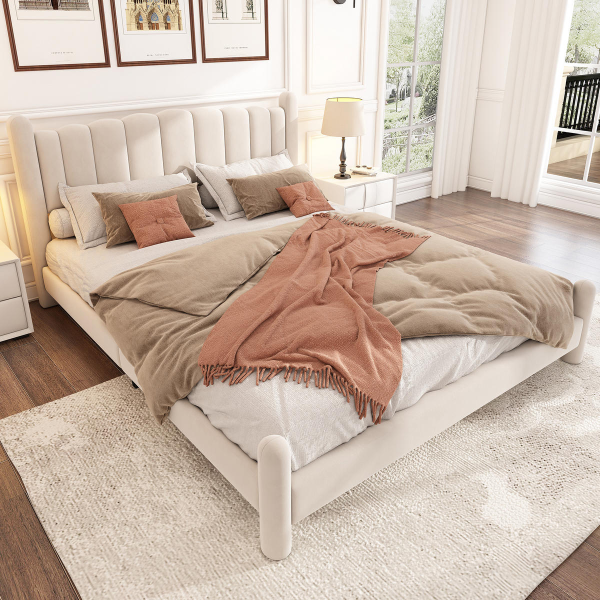 SAMT-POLSTERBETT 160/200 cm in Beige mit Lattenrost und gepolstertem Kopfteil - Beige, Textil (160/200cm) - BEAOK