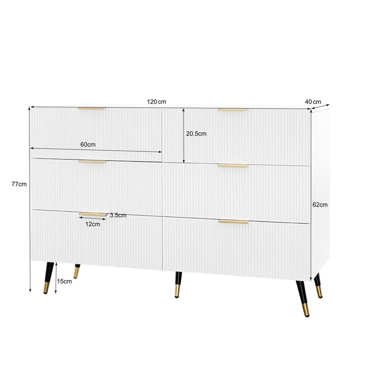 SIDEBOARD 120/40/77 cm mit 6 Schubladen in Weiß und Gold - Weiß, Holzwerkstoff (120/77/40cm) - BEAOK
