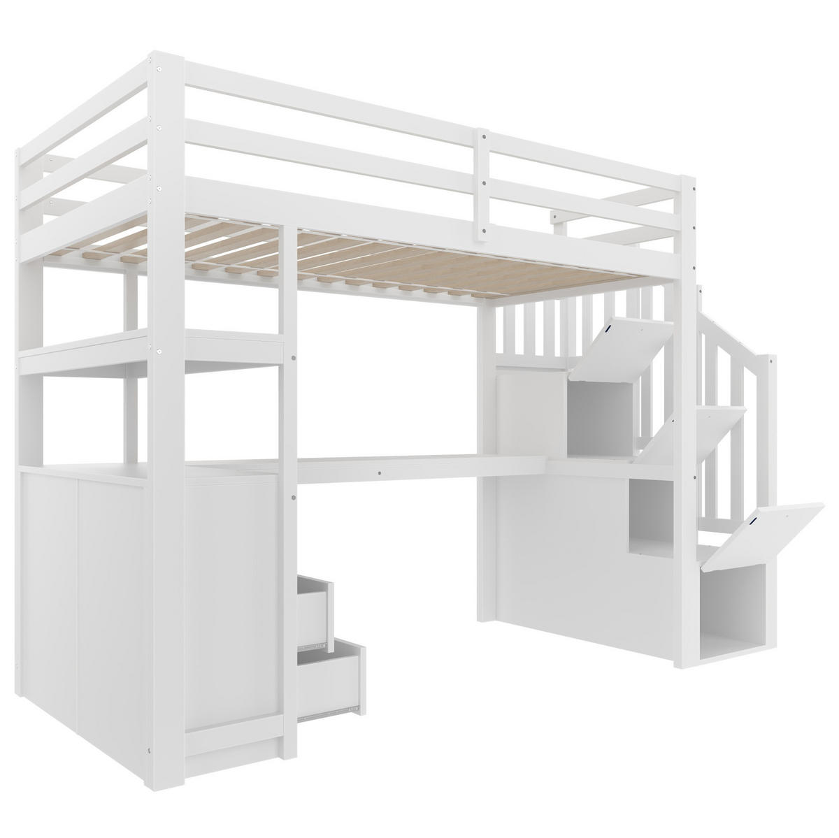 HOCHBETT aus Kiefer und MDF 90x200 cm Weiß mit Schreibtisch, Stauraumleiter, 2 Schubladen und Regalfächern - Weiß, Holzwerkstoff (90/200cm) - Modfu