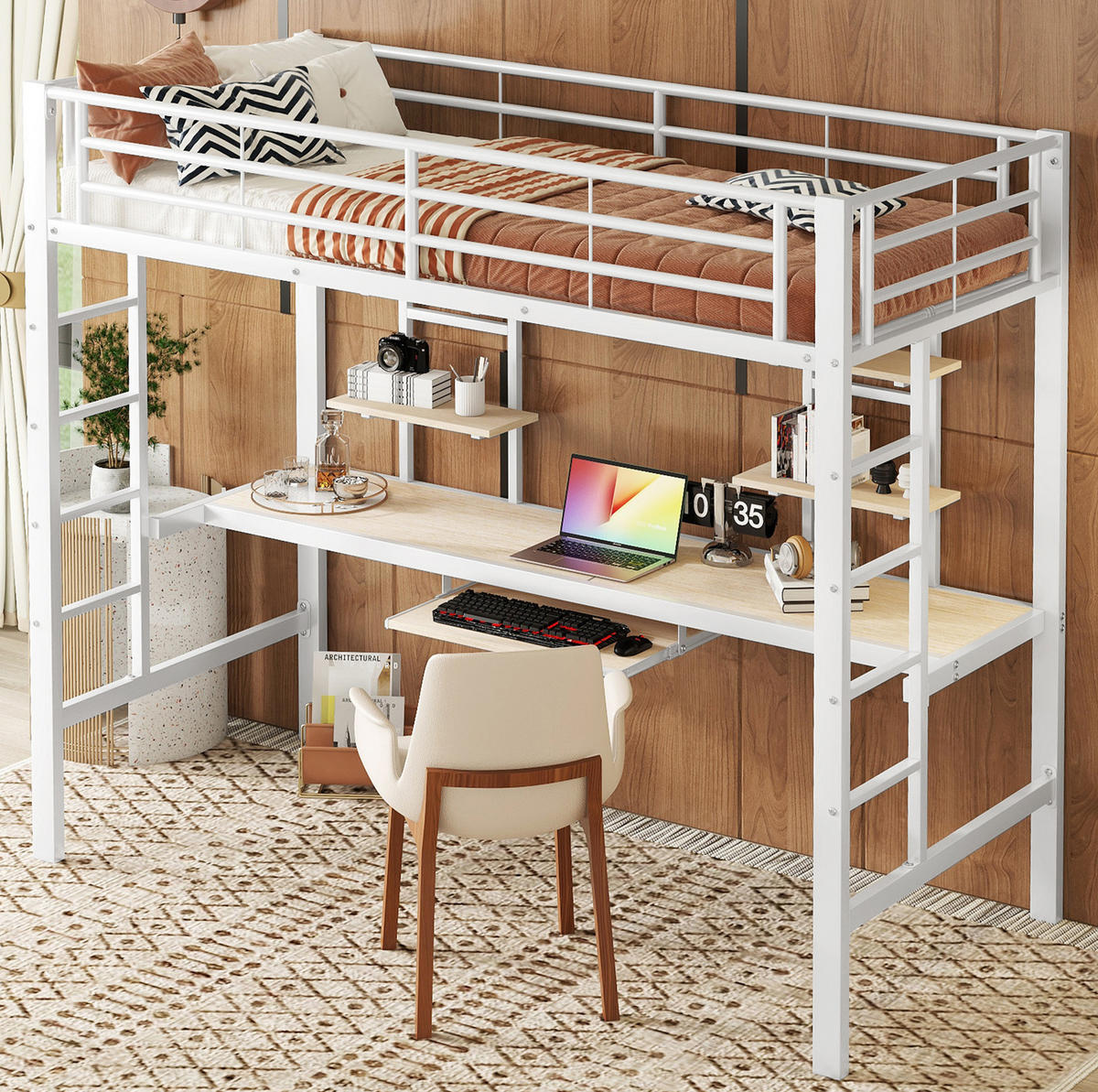 HOCHBETT 90/200 cm mit Schreibtisch, 2 Regalen und Metallrahmen, Weiß - Weiß, Metall (90/200cm) - Redom
