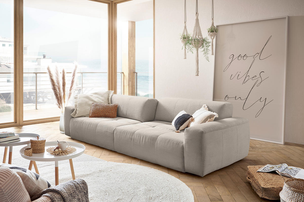 SOFA MIT SITZTIEFENVERSTELLUNG PALACE Steingrau Cord - Greige/Schwarz, Kunststoff/Textil (298/74/120cm) - KAWOLA