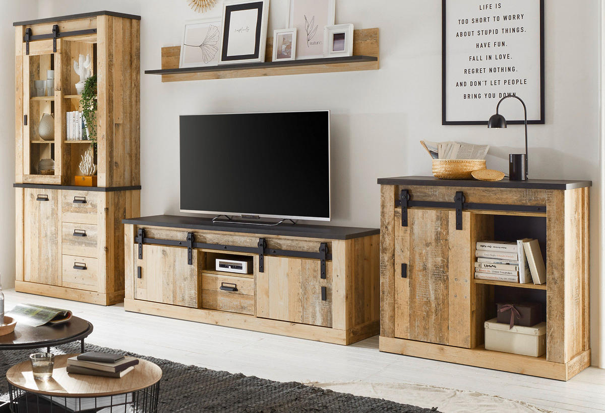 WOHNWAND Used Wood hell, anthrazit 4-teilig 388 cm, Wohnkombination, viel Stauraum - Anthrazit/Schwarz, Holzwerkstoff/Metall (388/201/43cm) - Furn.Design