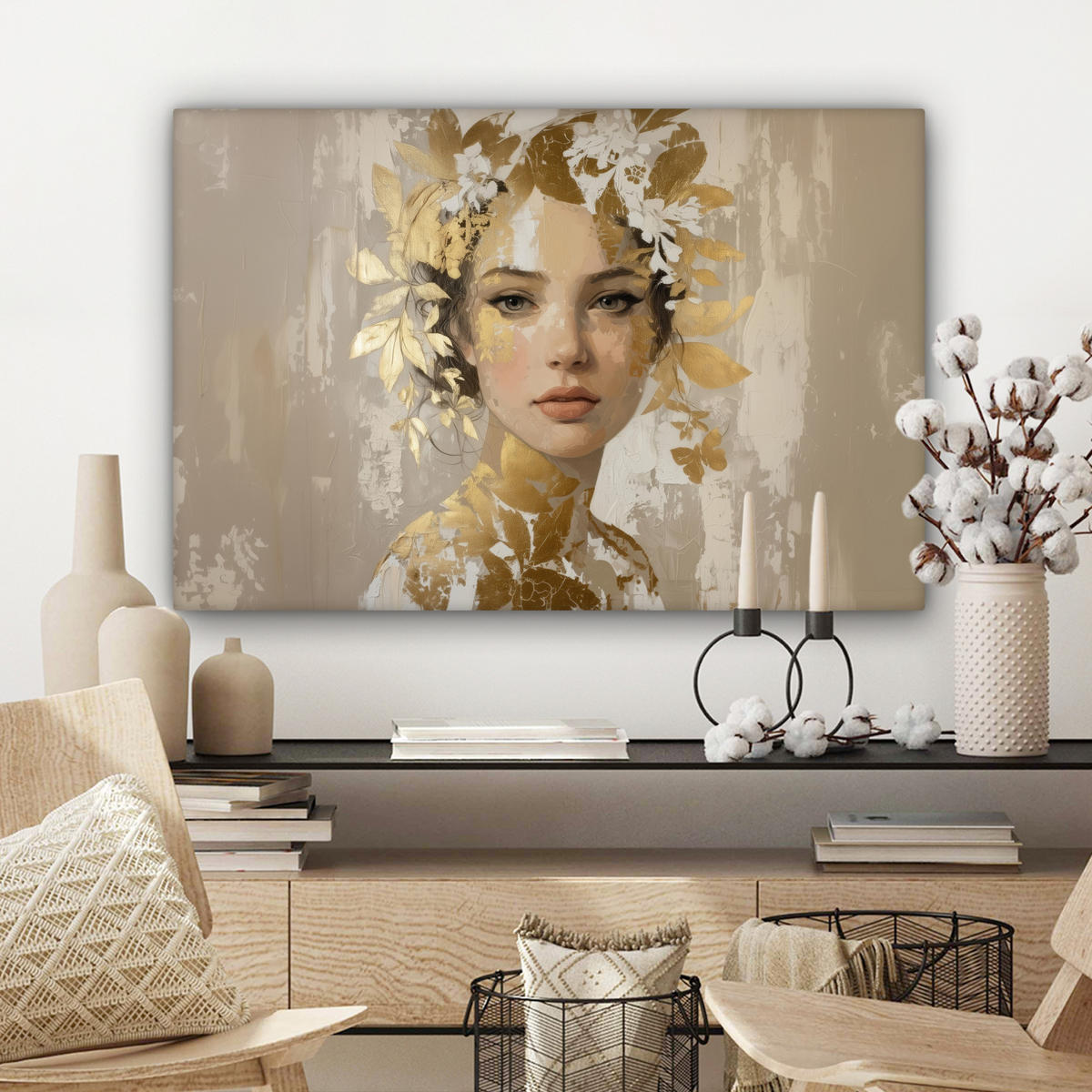 LEINWANDBILD Gesicht - Frau - Blätter - Gold Wanddeko 90x60 cm - Beige, Textil (90/60cm) - MuchoWow