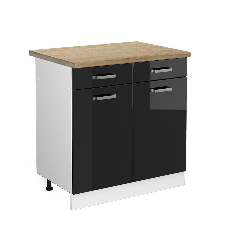 KÜCHENUNTERSCHRANK R-Line Schwarz Hochglanz 80 cm, AP Eiche - Schwarz Hochglanz/Schwarz, Holzwerkstoff (80/81.6/60cm) - Vicco