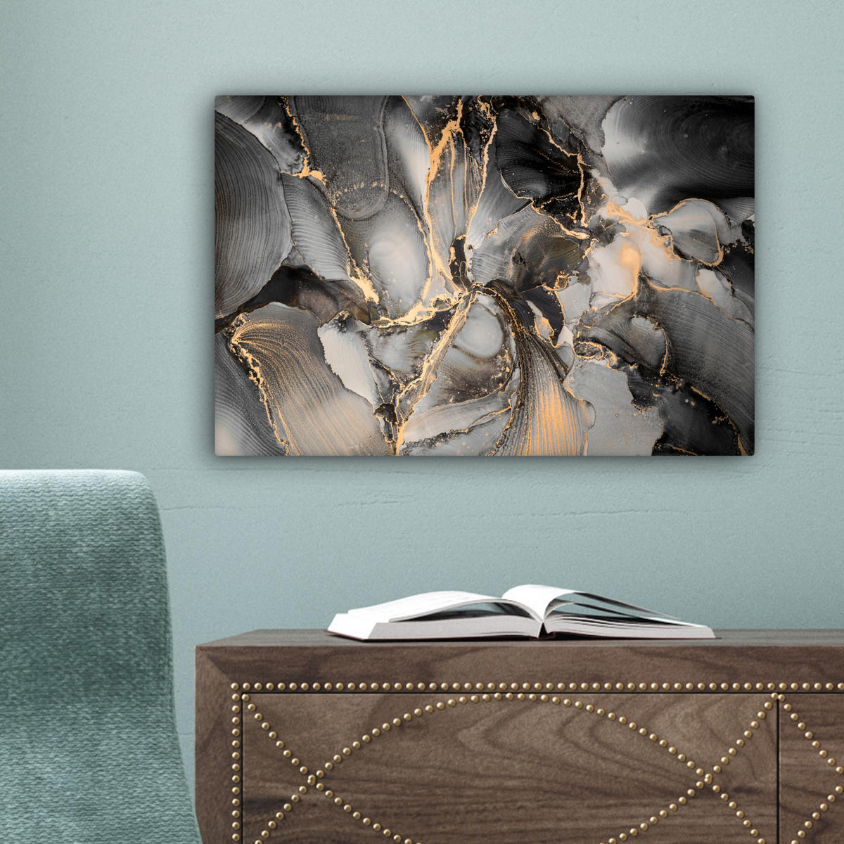 LEINWANDBILD Grau - Luxus - Gold - Marmor 30x20 cm - Dunkelgrau, Textil (30/20cm) - MuchoWow