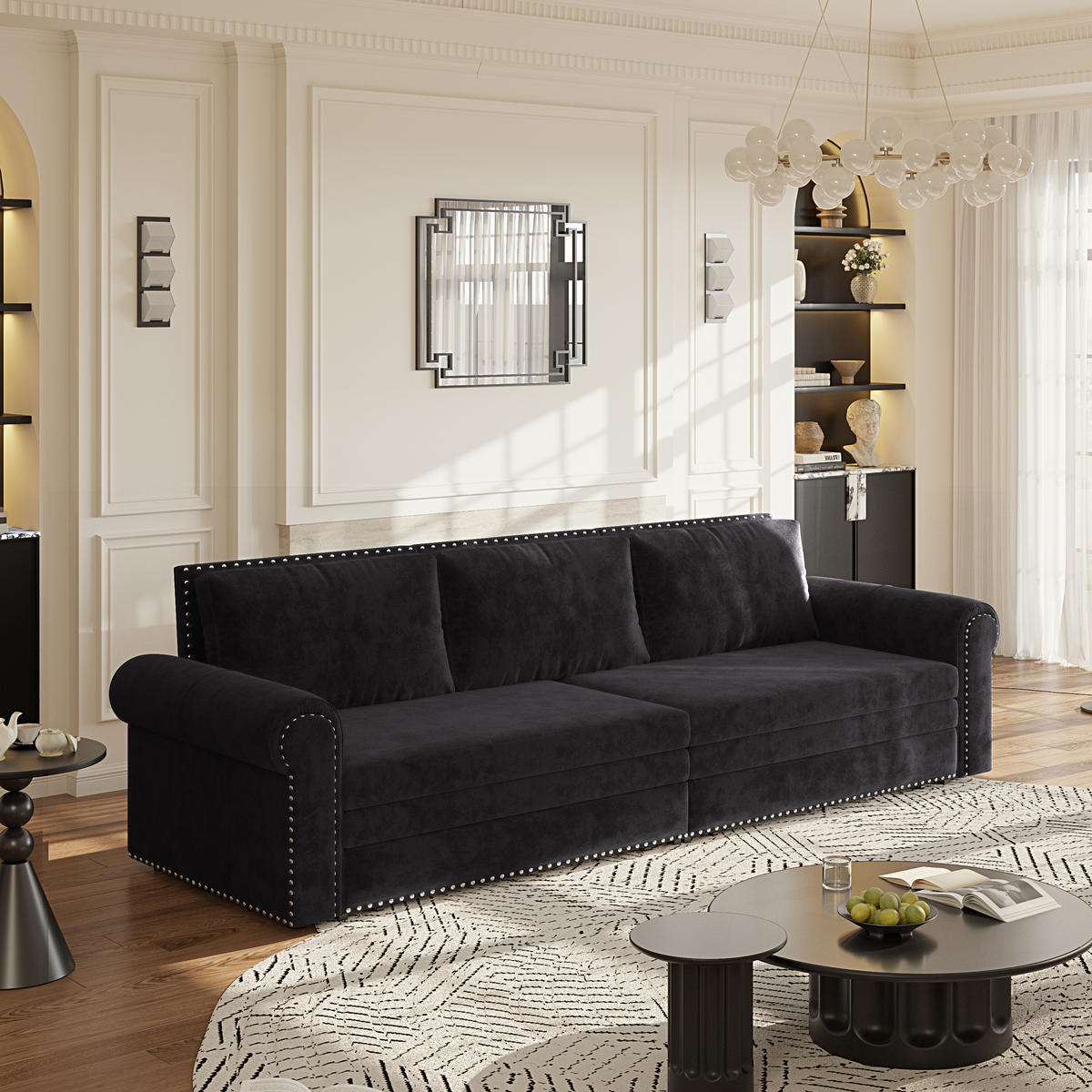SCHLAFSOFA 3-in-1 ausziehbar mit Rollarmlehnen, DE-42865, Schwarz - Schwarz, Metall (238/98/90cm) - ComfortXL