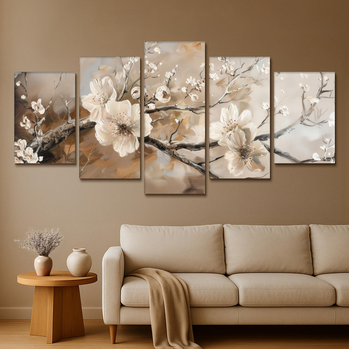 LEINWANDBILD 5er Set Blüte - Beige - Abstrakt - Blumen 200x100 cm - Hellbraun, Textil (200/100cm) - MuchoWow