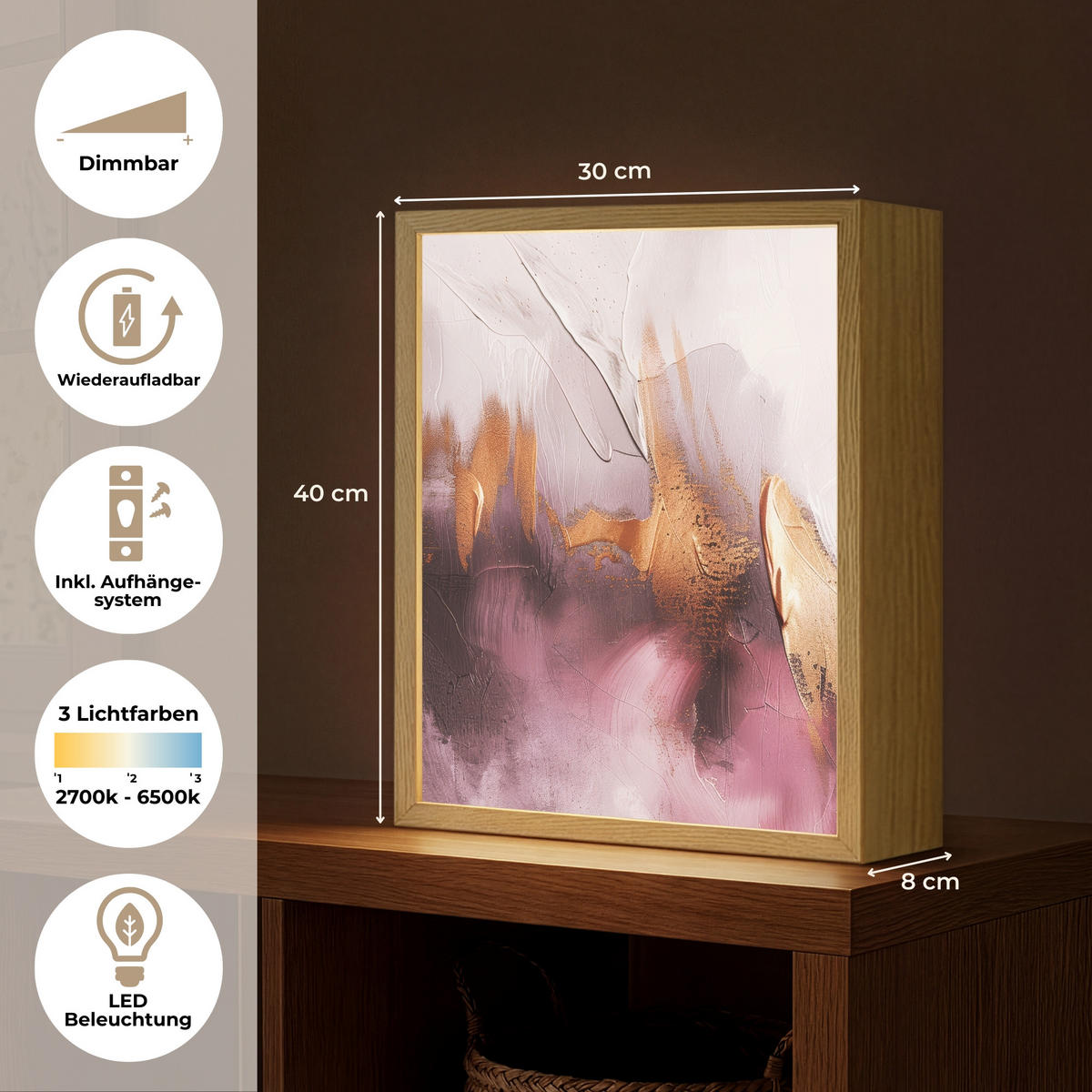 NÁSTĚNNÁ LAMPA S AKUMULÁTOREM Fialová - abstraktní - barva - zlatá 30x40 cm - světle fialová, kompozitní dřevo (30/40/8cm) - OnlyWow