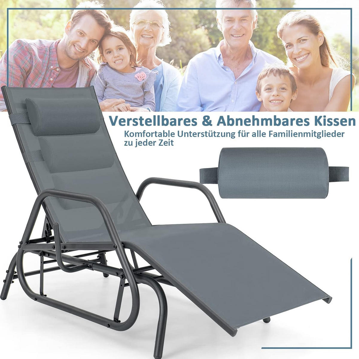 SONNENLIEGE mit Schaukelfunktion Grau - Grau, Metall (70/101/152cm) - COSTWAY