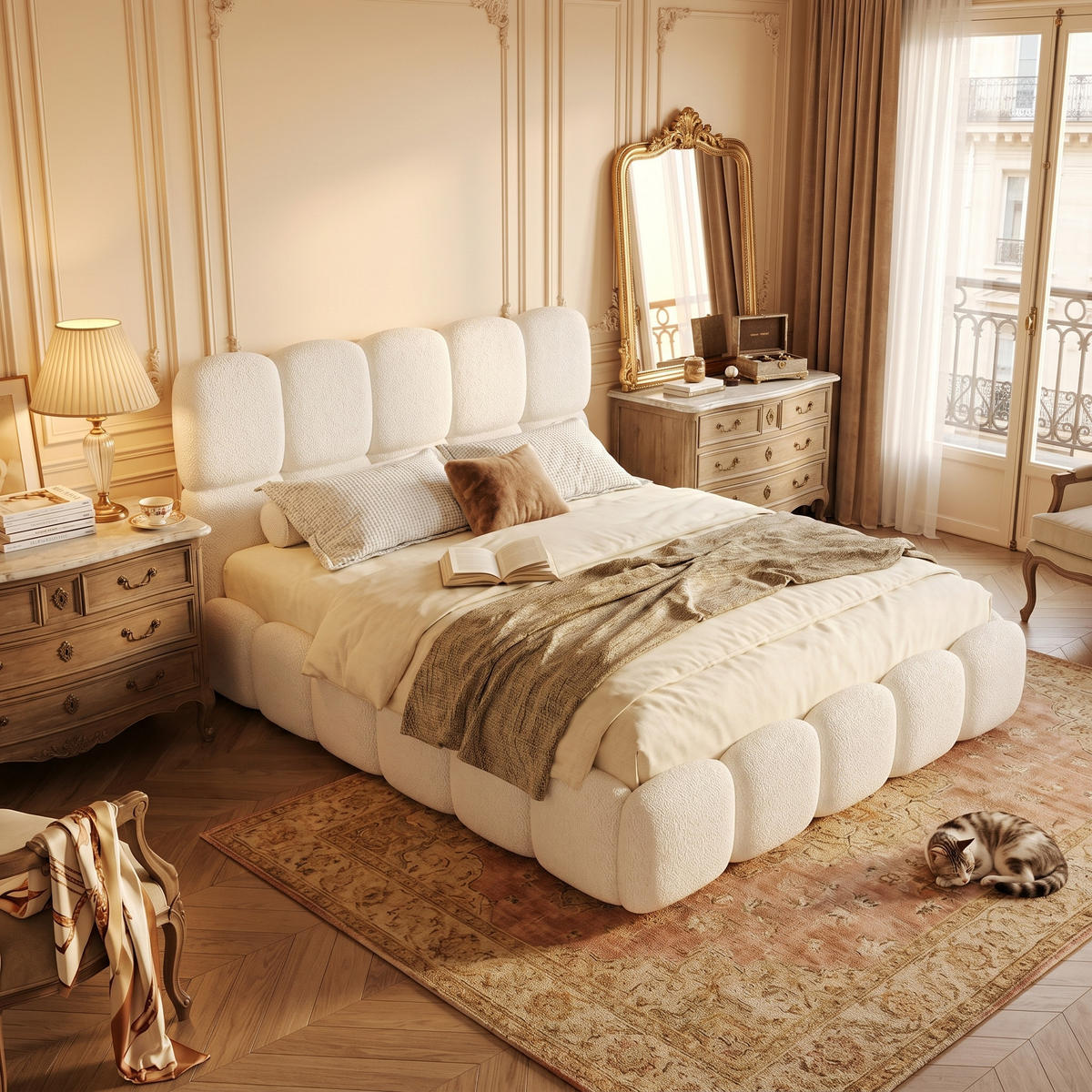 CANAPEA EXTENSIBILĂ din velur cu design capitonat, funcție 3 în 1 și pat queen-size - alb, material textil (180/200cm) - Urban Meuble