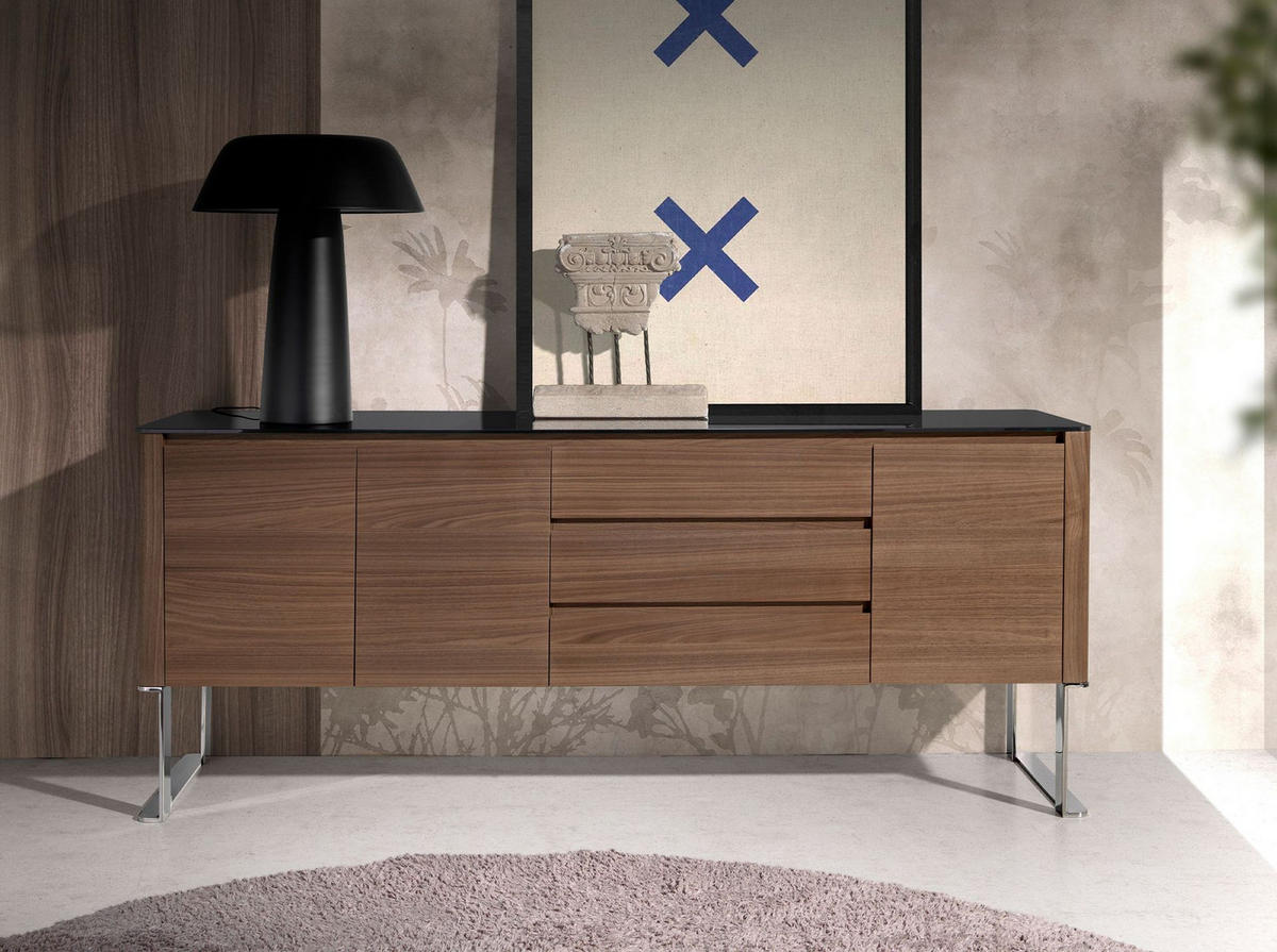 SIDEBOARD Sideboard Nussbaum, verchromter Stahl und schwarze Glasplatte 200/50/81 cm - Walnussfarben/Schwarz, Holz/Metall (200/81/50cm) - ANGEL CERDA