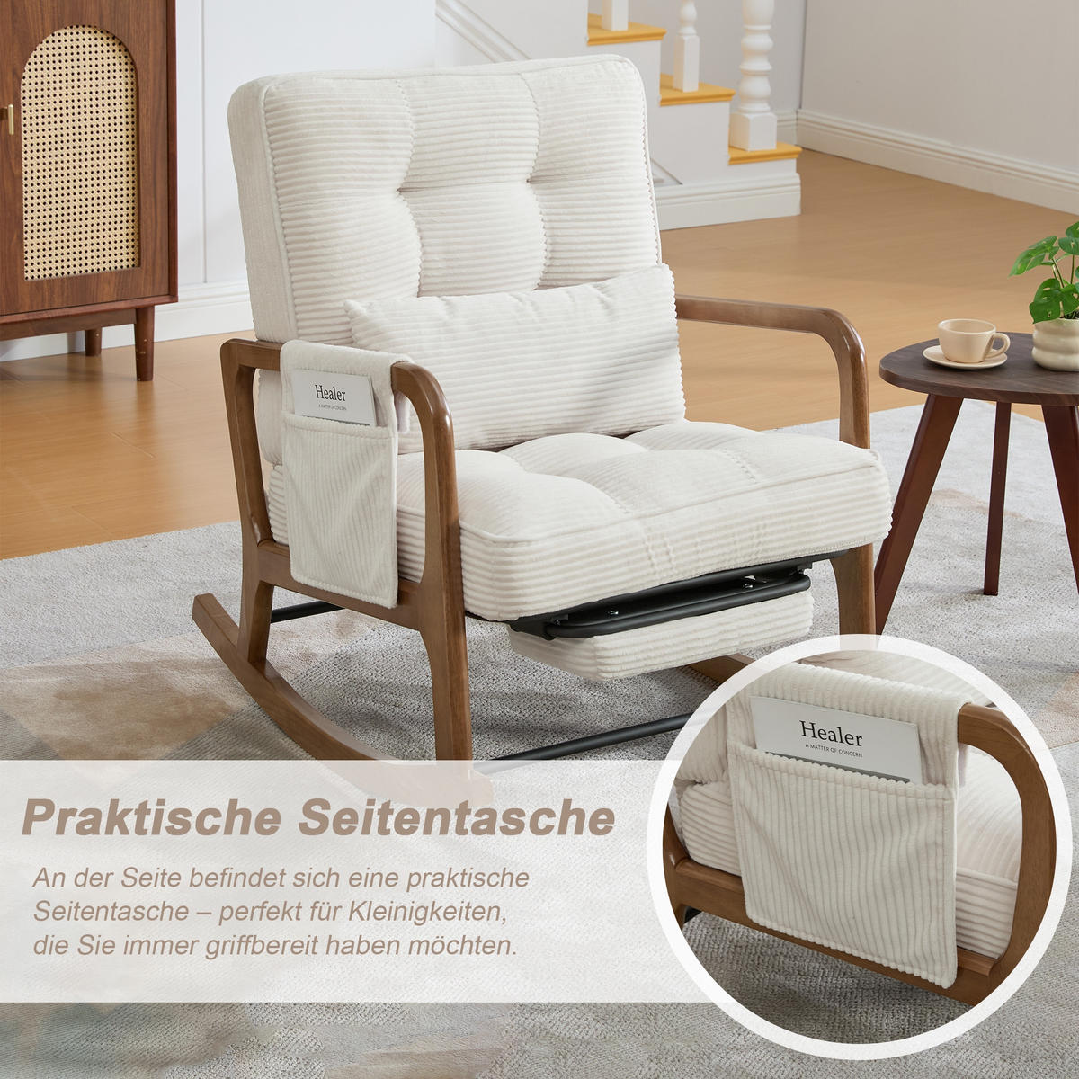 SCHAUKELSTUHL Beige Cord mit Fußstütze, Seitentaschen und verstellbarer Lehne - Beige, Textil (80/92/70cm) - Oxeza