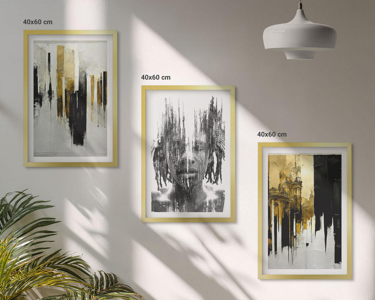 WANDBILDER 3er Set - 40x60 cm Goldrahmen - Kontrastierende abstrakte Porträts - Goldfarben, Kunststoff (40/60cm) - ArtPrintCave